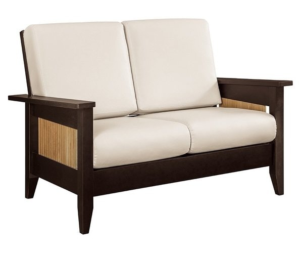Amish 55 Wide Sofi Loveseat shown in Cream Ultra Leather  in Brown Maple with Ebony Stain  White Oak Side Panels with Natural Finish, 10 Sheen