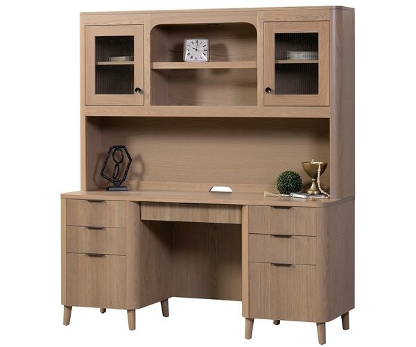 Amish Marcel Mid-Century Modern Credenza with Optional Hutch Top shown in White Oak with Beachfront Stain