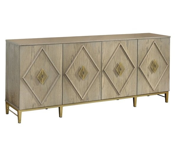 Amish Cascade TV Stand with Optional Sizes shown in Flat Sawn White Oak with Morel Gray Stain and Sungold Metal Base