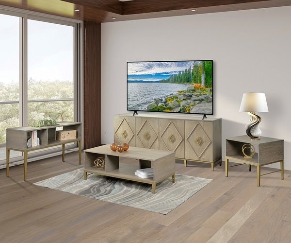 Amish Cascade Living Room 4-Piece Set includes End Table, Coffee Table, Sofa Table, and TV Stand.  Shown in Flat Sawn White Oak with Morel Grey Stain and Gold Metal Base.
