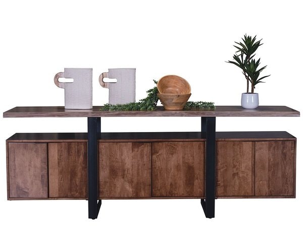 Amish Handcrafted 96 Sophie Modern Sideboard shown in Rustic Walnut Live Edge Top and Brown Maple Base