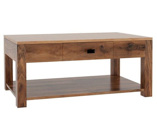 Amish Rustic Falls Coffee Table with Drawer Shown in Top–Rustic Hickory, Natural 10 Sheen, Base–Rustic Walnut , Natural 10 Sheen