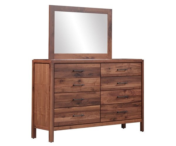 Amish Rustic Edged 8-Drawer Dresser with Optional Mirror shown in Rustic Walnut with Natural Stain