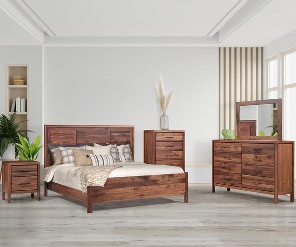 Amish Rustic Edged Bedroom 4-Piece Set shown in Rustic Walnut with Natural Stain