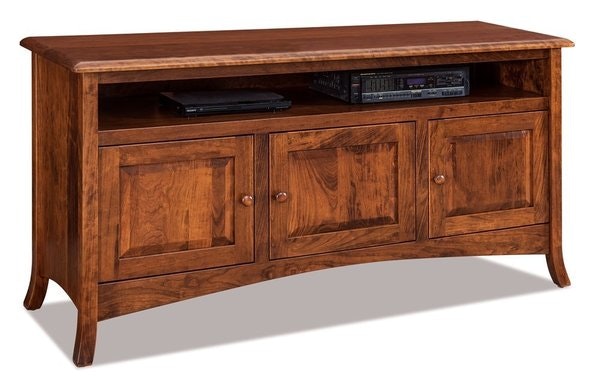 Amish 63 Wide Marvel  3-Door TV Stand with Opening shown in Sap Cherry with Vintage Antique Stain