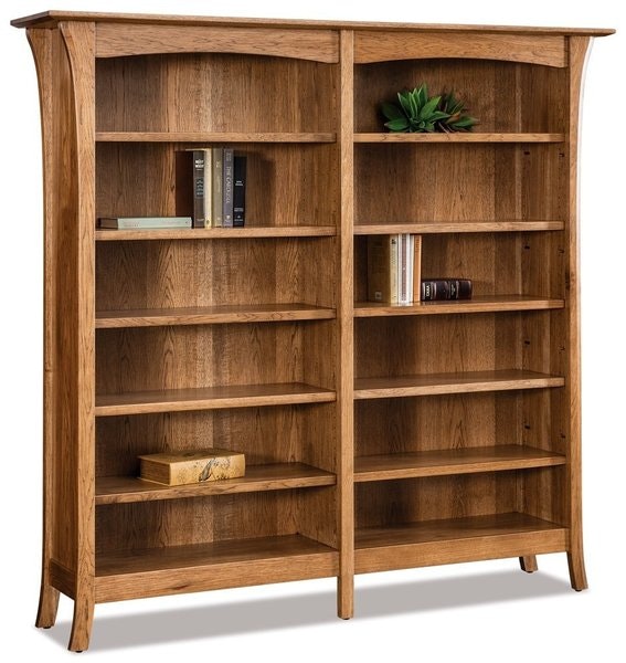 Amish 75 Wide Genesis Double Bookcase shown in Hickory with Almond Stain.
