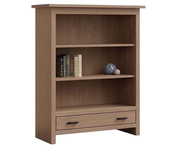 Amish 39 Wide Alpine Open Bookcase with Drawers shown with Brown Maple and Sandstone Stain