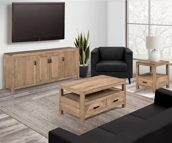 Amish Dallas Living Room 3-Piece Set includes Coffee Table, End Table & TV Console Shown in Brown Maple with Tundra Stain