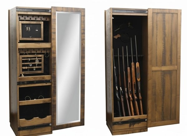 Amish 21 Wide Shaker Jewelry & Rifle Cabinet shown in Barn Floor Brown Maple