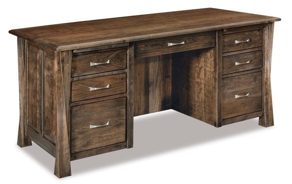 Amish Uplift 65 Wide Double Pedestal 7-Drawer Desk with Finished Backside & Curved Top shown in Sap Cherry with Carbon Stain