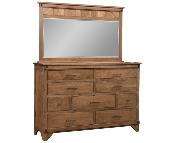 Amish Cambridge 9-Drawer 44 Tall Dresser with Optional Mirror shown in Rustic Hickory with Cappuccino Stain
