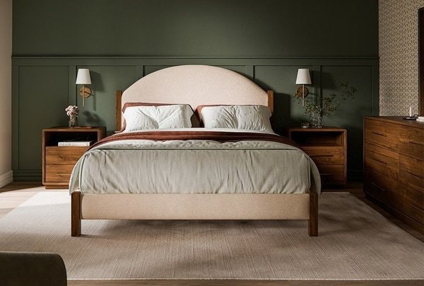 Amish Harlan Upholstered Bedroom 3-Piece Set – Modern Style, Solid Wood shown in Brown Maple with Coco Light Stain and Crispy Fabric