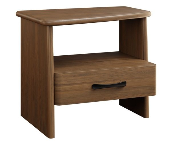 Santa Fe 1-Drawer Nightstand with Curved Edge shown in Rustic White Oak with Light Brown Stain