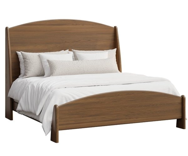 Santa Fe Panel Bed with Curved Headboard shown in Rustic White Oak with Light Brown Stain