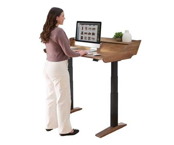 Amish Audrey Electric Adjustable Standing Desk shown in Hickory with Almond Stain