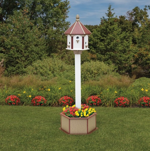 Amish Made Poly Lumber Gazebo 6 Hole Birdhouse with Planter and Post