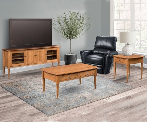 Amish Milan Mid Century 3-Piece Living Room Set includes Coffee Table, End Table & TV Console shown in Rustic Cherry with Seely Stain