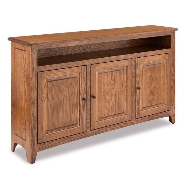 Amish 62 Wide Rustic Brock 3-Door Media Stand with Opening shown in Oak with Seely Stain