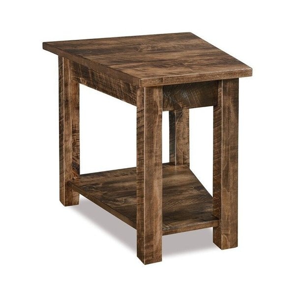 Amish Dutton Open Wedge Table without Drawer shown in Rough Sawn Rustic Brown Maple with Almond Stain