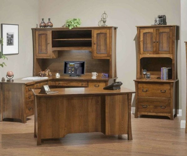 Amish Woodbury Office 3-Piece Set Includes L-Desk, Executive Desk & Lateral File Cabinet shown in Brown Maple with Asbury Stain