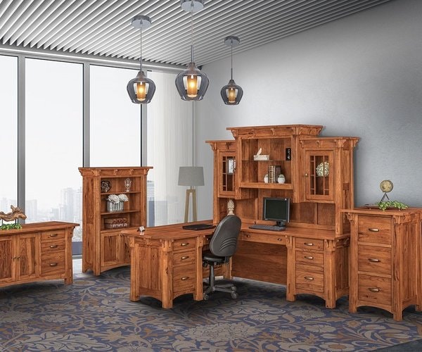 Amish Balmora Office 4-Piece Set Includes Desk, Credenza, File Cabinet, and Bookcase shown in Rustic Hickory with Golden Harvest Stain