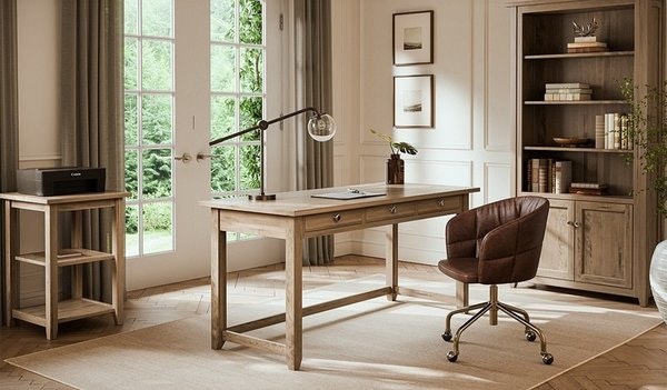 Amish Parklane Office 3-Piece Set Includes Desk, Printer Stand, and Bookcase Shown in Brown Maple with Sandstone Stain