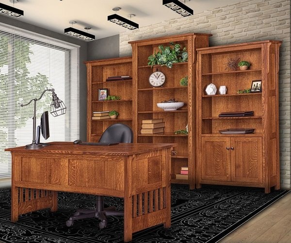 Amish Churchill Office 2-Piece Set Includes 3pc Bookcase and Desk shown in Quarter Sawn White Oak with Michaels Cherry Stain