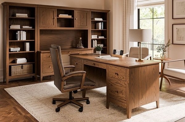 Amish Oak Wood Heartland Executive Office Furniture 5-Piece Desk Set - Quick Ship