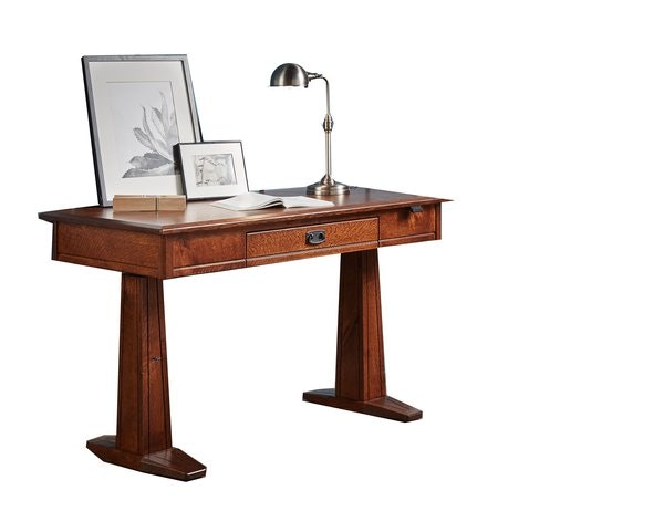 Amish 54 Wide Stellar Mission Electric Standing Desk with Power Lift shown in Rustic Quarter Sawn White Oak With Golden Brown Finish