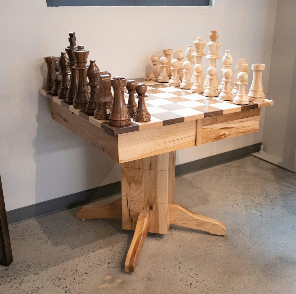 Game Table with Jumbo Sized Chess and Checker Game Pieces